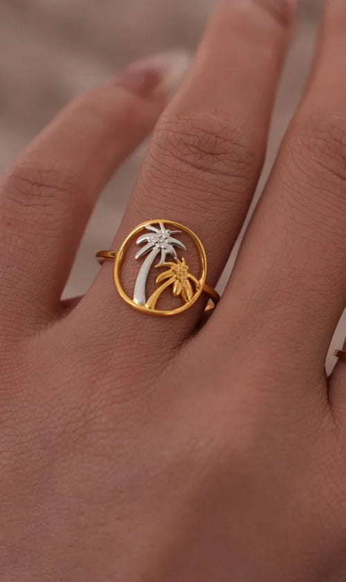 Coconut Tree Design Gold Plated Adjustable Anti Tarnish Ring