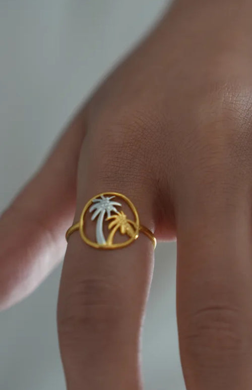 Coconut Tree Design Gold Plated Adjustable Anti Tarnish Ring
